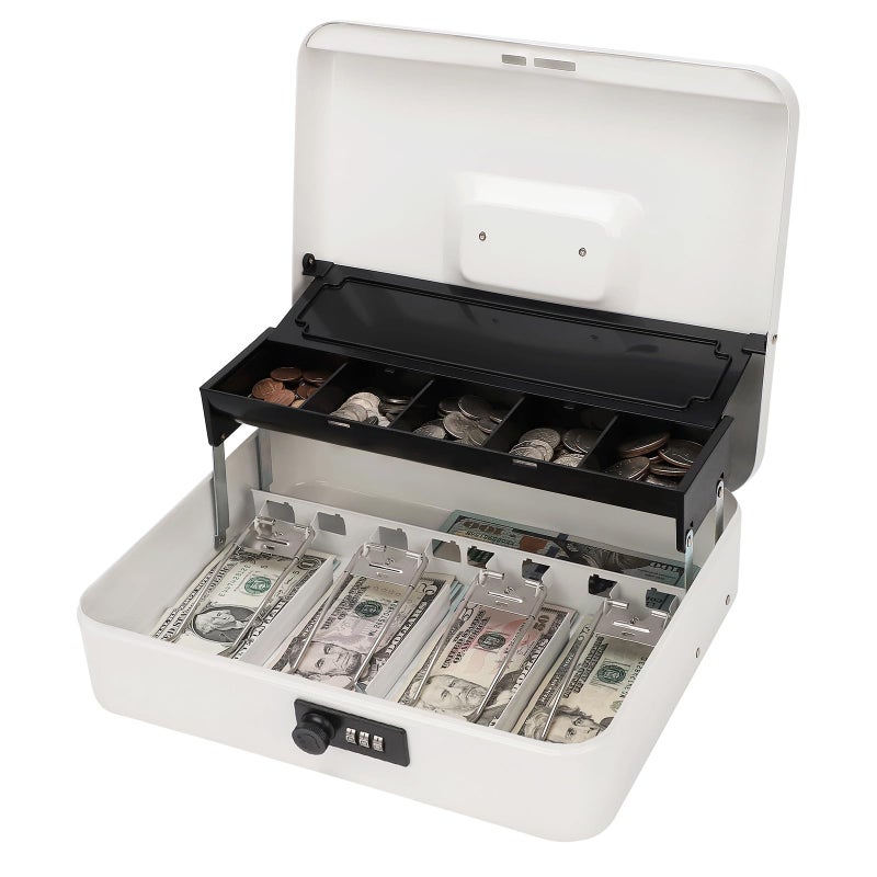 Jssmst Locking Large Metal Cash Box with Money Tray, Money Box with Combination Lock, White, SM-CB0511L - Image 1
